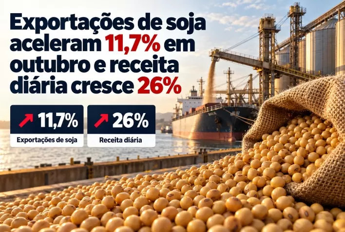 Exportações de soja aceleram 11,7% em outubro e receita diária cresce 26%