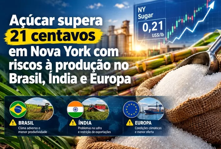 Açúcar supera 21 centavos em Nova York com riscos à produção no Brasil, Índia e Europa