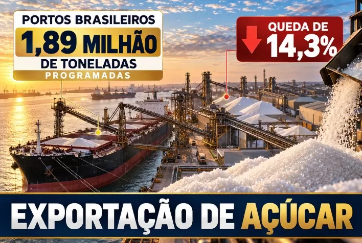 Exportação de açúcar: portos têm 1,89 milhão de toneladas programadas, queda de 14,3%
