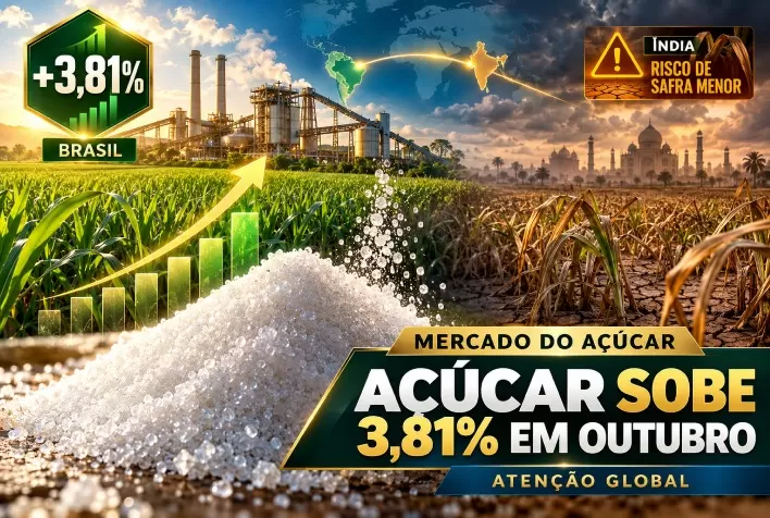 Açúcar sobe 3,81% em outubro no Brasil; risco de safra menor na Índia sustenta atenção global