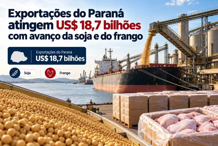 Exportações do Paraná atingem US$ 18,7 bilhões com avanço da soja e do frango