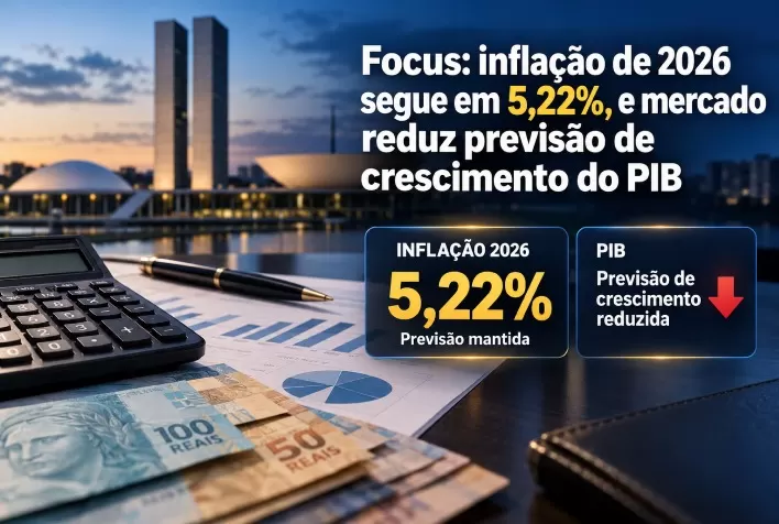Focus: inflação de 2026 segue em 5,22%, e mercado reduz previsão de crescimento do PIB
