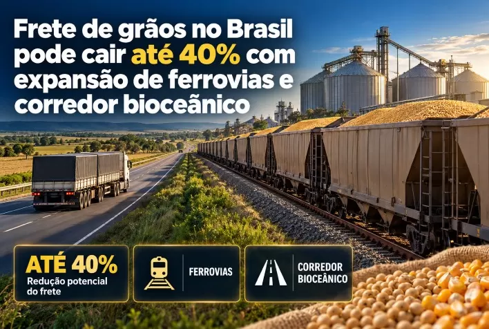 Frete de grãos no Brasil pode cair até 40% com expansão de ferrovias e corredor bioceânico