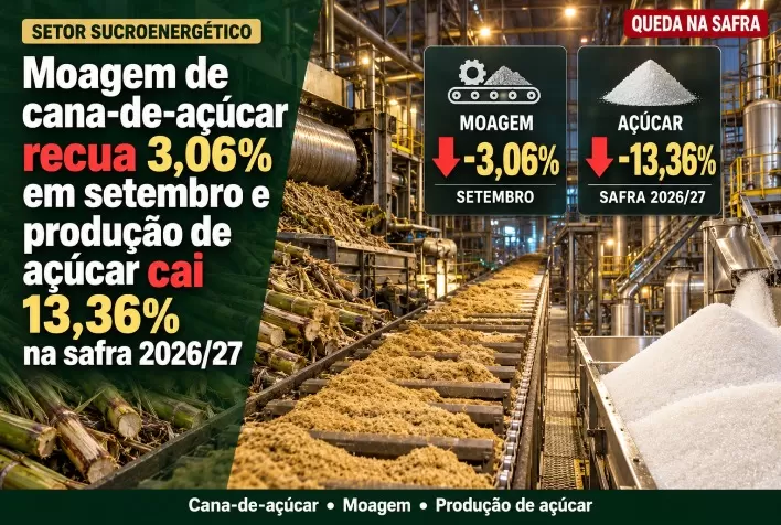 Moagem de cana-de-açúcar recua 3,06% em setembro e produção de açúcar cai 13,36% na safra 2026/27