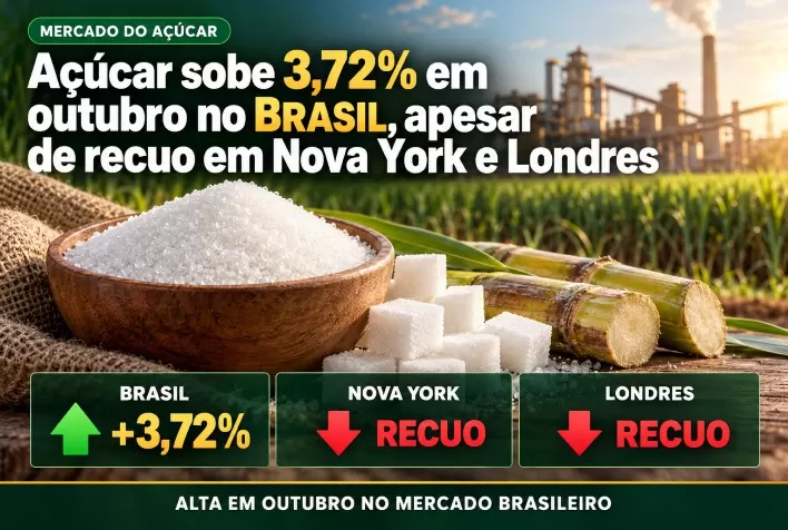 Açúcar sobe 3,72% em outubro no Brasil, apesar de recuo em Nova York e Londres