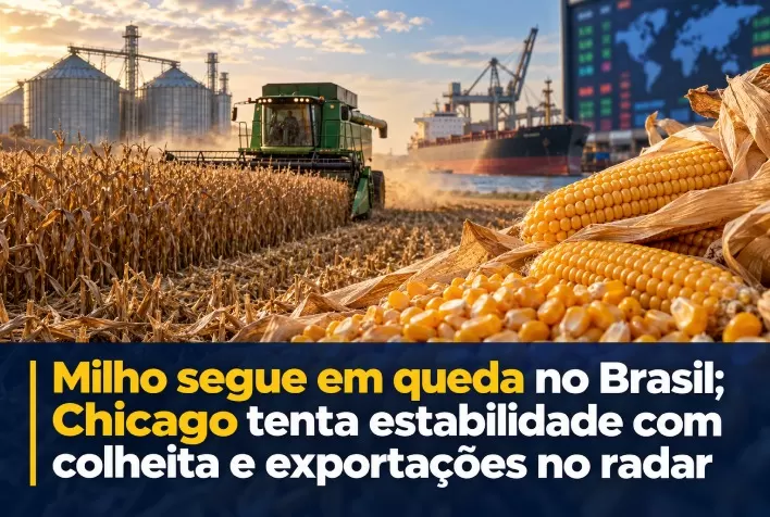 Milho segue em queda no Brasil; Chicago tenta estabilidade com colheita e exportações no radar