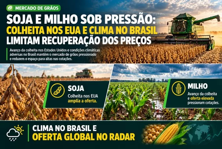 Soja e milho sob pressão: colheita nos EUA e clima no Brasil limitam recuperação dos preços