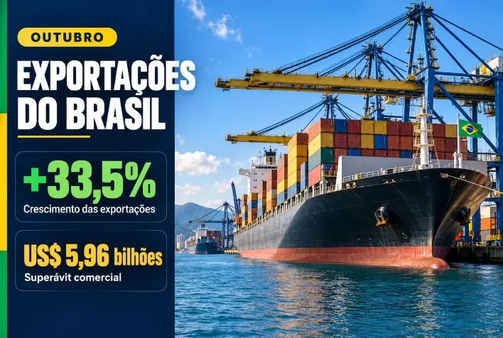 Exportações do Brasil crescem 33,5% em outubro e superávit chega a US$ 5,96 bilhões