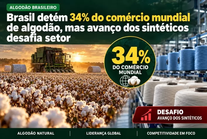 Brasil detém 34% do comércio mundial de algodão, mas avanço dos sintéticos desafia setor