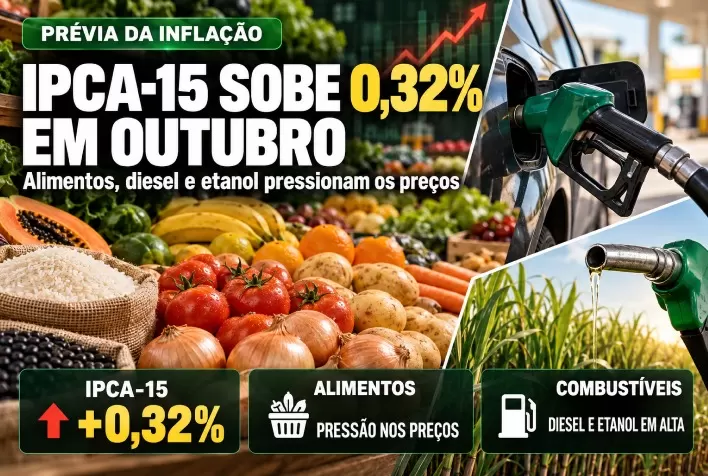 IPCA-15 sobe 0,32% em outubro, com pressão dos alimentos e alta do diesel e do etanol
