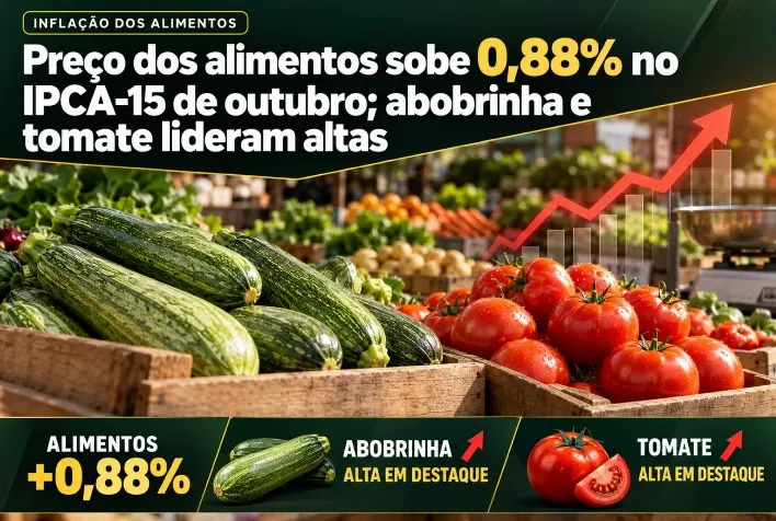 Preço dos alimentos sobe 0,88% no IPCA-15 de outubro; abobrinha e tomate lideram altas