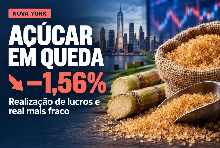 Açúcar cai 1,56% em Nova York com realização de lucros e real mais fraco