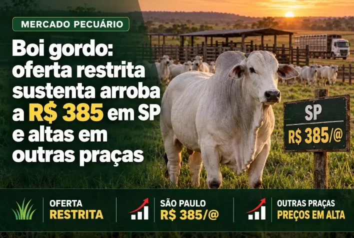 Boi gordo: oferta restrita sustenta arroba a R$ 385 em SP e altas em outras praças