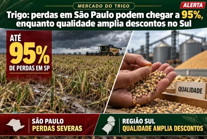 Trigo: perdas em São Paulo podem chegar a 95%, enquanto qualidade amplia descontos no Sul