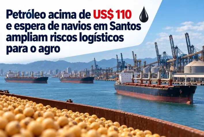 Petróleo acima de US$ 110 e espera de navios em Santos ampliam riscos logísticos para o agro