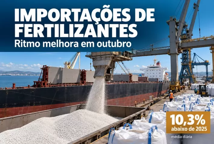 Importações de fertilizantes ganham ritmo em outubro, mas seguem 10,3% abaixo de 2025