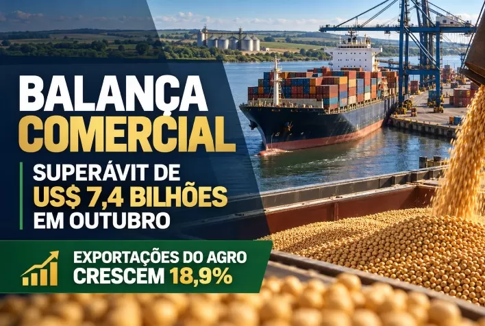 Balança comercial tem superávit de US$ 7,4 bilhões em outubro; exportações do agro crescem 18,9%