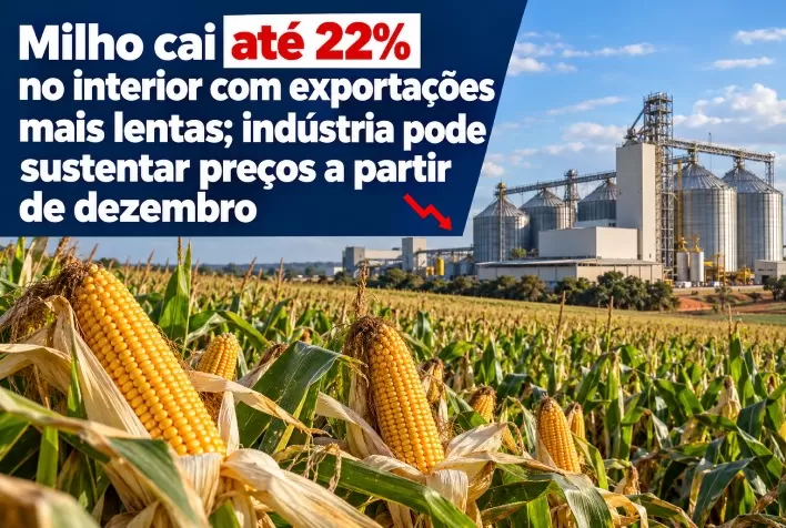 Milho cai até 22% no interior com exportações mais lentas; indústria pode sustentar preços a partir de dezembro