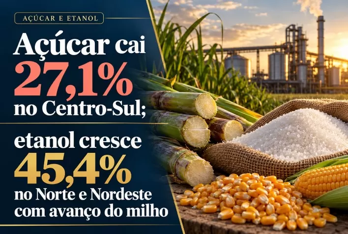 Açúcar cai 27,1% no Centro-Sul; etanol cresce 45,4% no Norte e Nordeste com avanço do milho