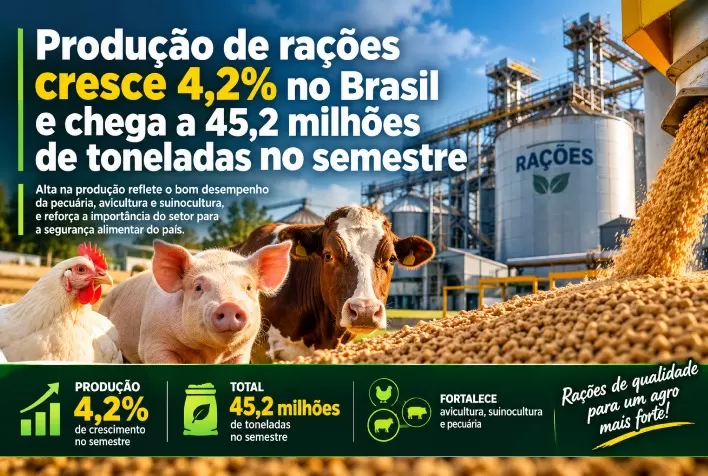 Produção de rações cresce 4,2% no Brasil e chega a 45,2 milhões de toneladas no semestre