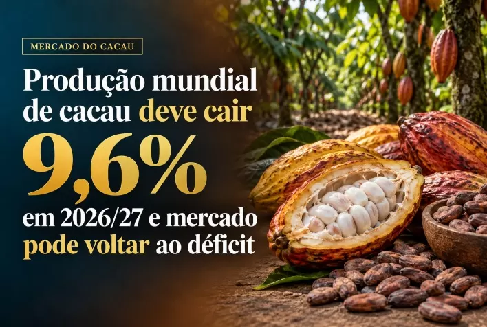 Produção mundial de cacau deve cair 9,6% em 2026/27 e mercado pode voltar ao déficit