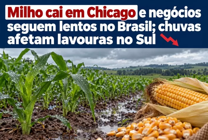 Milho cai em Chicago e negócios seguem lentos no Brasil; chuvas afetam lavouras no Sul