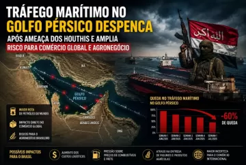 Tráfego marítimo no Golfo Pérsico despenca após ameaça dos houthis e amplia risco para comércio global e agronegócio
