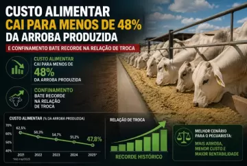 Custo alimentar cai para menos de 48% da arroba produzida e confinamento bate recorde na relação de troca