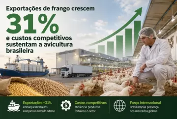 Exportações de frango crescem 31% e custos competitivos sustentam avicultura brasileira