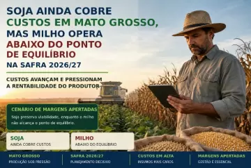 Soja ainda cobre custos em Mato Grosso, mas milho opera abaixo do ponto de equilíbrio na safra 2026/27