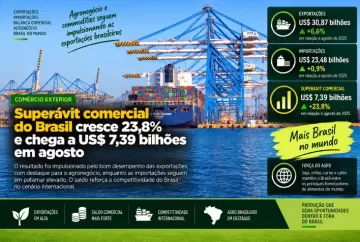 Superávit comercial do Brasil cresce 23,8% e chega a US$ 7,39 bilhões em agosto