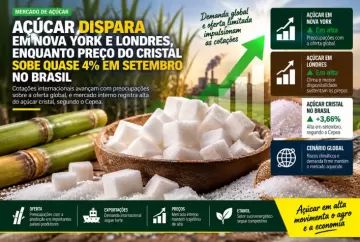 Açúcar dispara em Nova York e Londres, enquanto preço do cristal sobe quase 4% em setembro no Brasil
