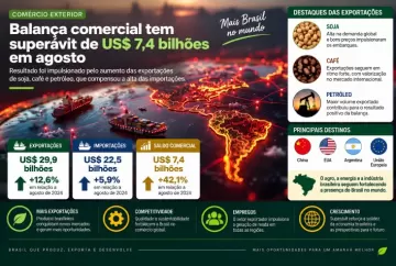 Balança comercial tem superávit de US$ 7,4 bilhões em agosto com alta das exportações de soja, café e petróleo