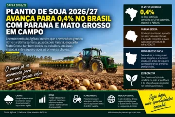 Plantio de soja 2026/27 avança para 0,4% no Brasil com Paraná e Mato Grosso em campo