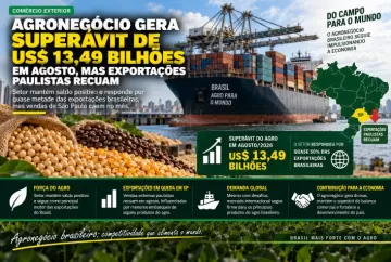 Agronegócio gera superávit de US$ 13,49 bilhões em agosto, mas exportações paulistas recuam