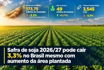 Safra de soja 2026/27 pode cair 3,3% no Brasil mesmo com aumento da área plantada