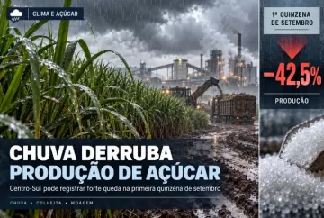 Chuva deve reduzir produção de açúcar em 42,5% no Centro-Sul na primeira quinzena de setembro