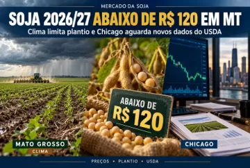 Soja da safra 2026/27 cai abaixo de R$ 120 em MT; clima limita plantio e Chicago aguarda USDA