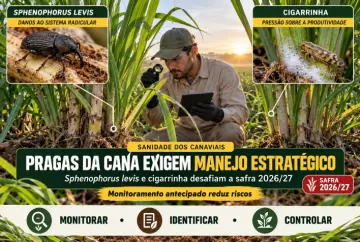 Pragas da cana-de-açúcar: Sphenophorus levis e cigarrinha exigem manejo na safra 2026/27