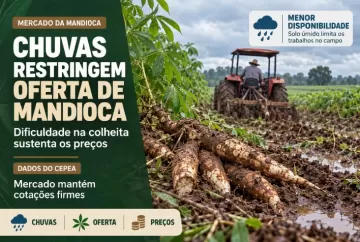 Chuvas restringem oferta de mandioca e sustentam preços, aponta Cepea