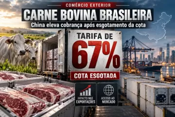 Carne bovina brasileira enfrenta tarifa de 67% na China após esgotamento da cota