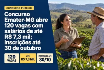 Concurso Emater-MG abre 120 vagas com salários de até R$ 7,3 mil; inscrições até 30 de outubro