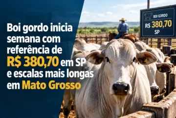 Boi gordo inicia semana com referência de R$ 380,70 em SP e escalas mais longas em Mato Grosso