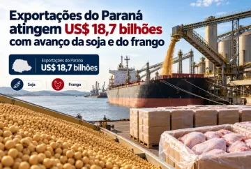 Exportações do Paraná atingem US$ 18,7 bilhões com avanço da soja e do frango