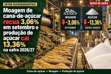 Moagem de cana-de-açúcar recua 3,06% em setembro e produção de açúcar cai 13,36% na safra 2026/27