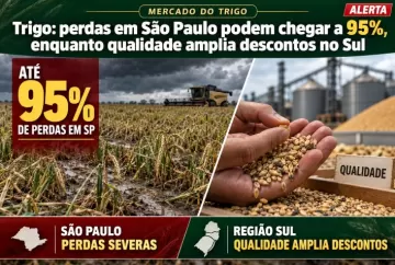 Trigo: perdas em São Paulo podem chegar a 95%, enquanto qualidade amplia descontos no Sul