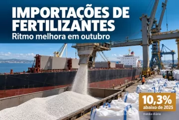 Importações de fertilizantes ganham ritmo em outubro, mas seguem 10,3% abaixo de 2025