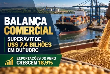 Balança comercial tem superávit de US$ 7,4 bilhões em outubro; exportações do agro crescem 18,9%