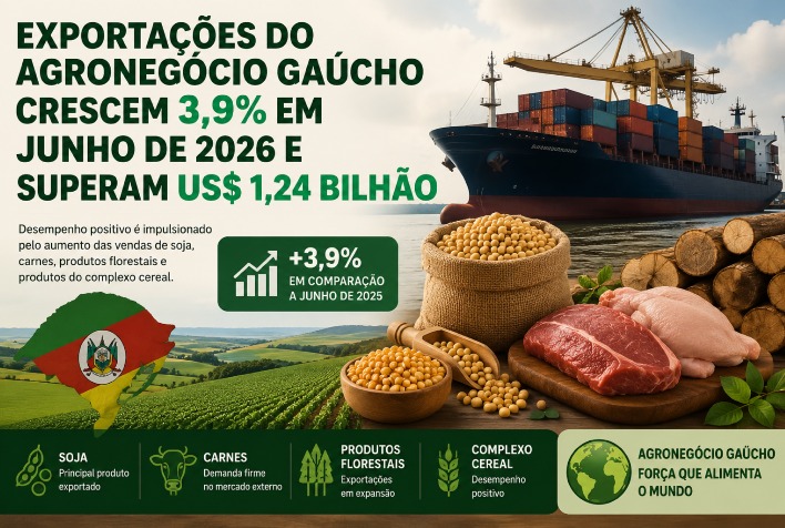Exportações do agronegócio gaúcho crescem 3,9% em junho de 2026 e superam US$ 1,24 bilhão