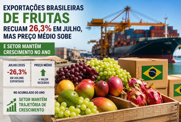 Exportações brasileiras de frutas recuam 26,3% em julho, mas preço médio sobe e setor mantém crescimento no ano